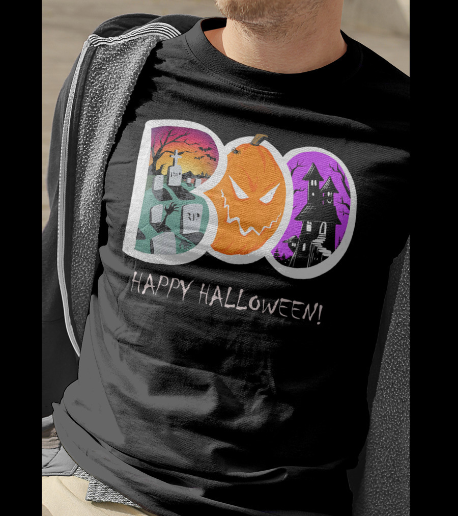 Happy Halloween Boo Trick Or Treat Pumpkin Graveyard Haunted House T-Shirt