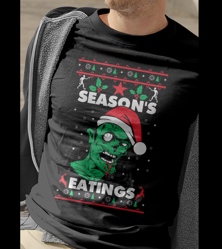 Season's Eatings Ugly Christmas Zombie Santa Hat Snowflakes T-Shirt