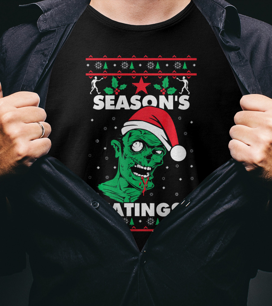 Season's Eatings Ugly Christmas Zombie Santa Hat Snowflakes T-Shirt