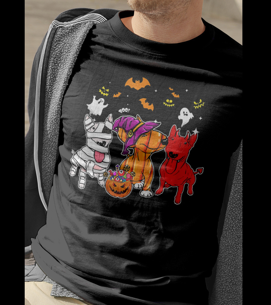 Adorable Bull Terrier Trio In Halloween Costumes With Spooky Ghosts And Bats T-Shirt