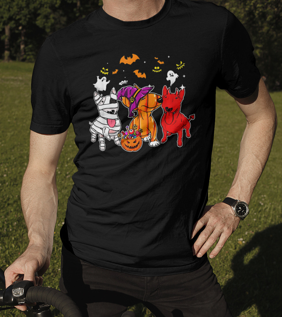 Adorable Bull Terrier Trio In Halloween Costumes With Spooky Ghosts And Bats T-Shirt