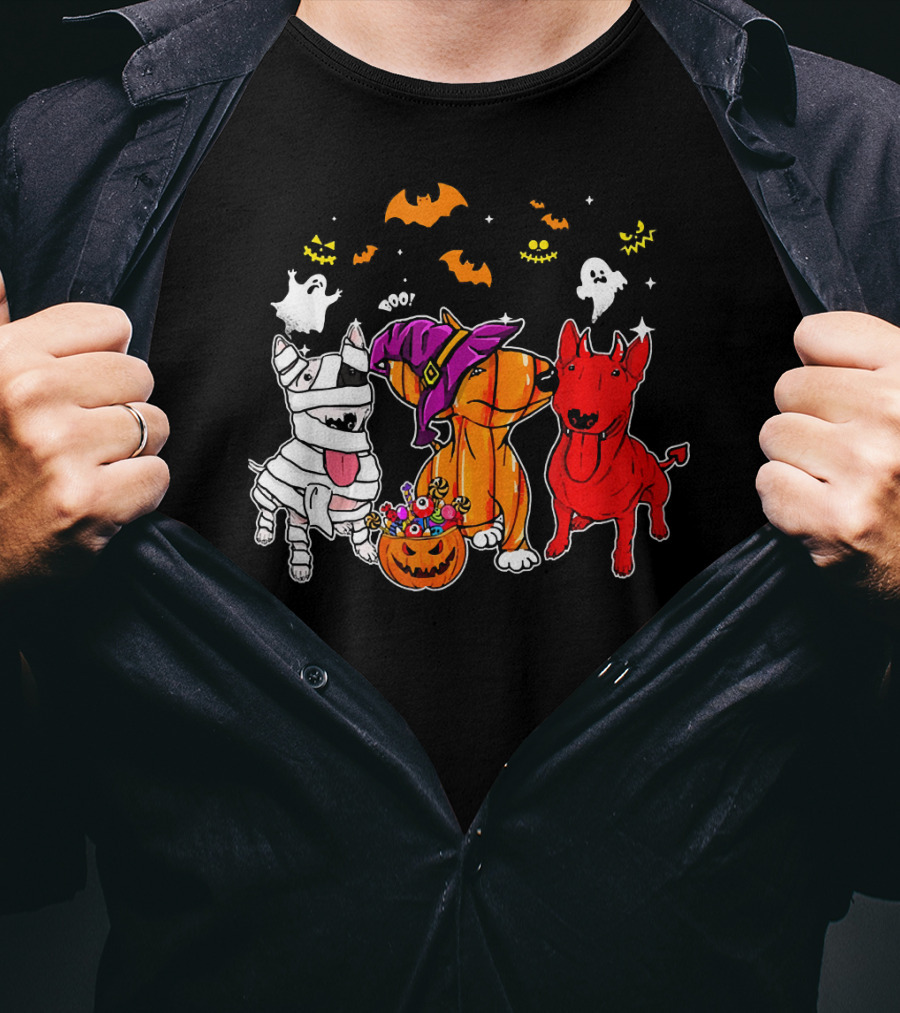 Adorable Bull Terrier Trio In Halloween Costumes With Spooky Ghosts And Bats T-Shirt