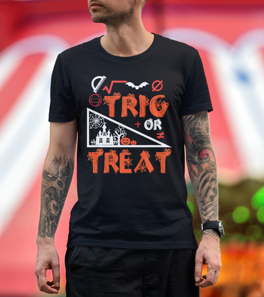 Trig or Treat Math Halloween Costume Concept with Spooky Castle, Spider Webs, and Math Symbols T-Shirt