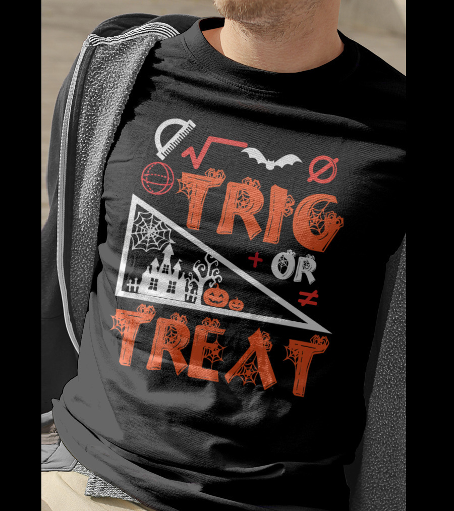 Trig Or Treat Math Halloween Costume Concept With Spooky Castle, Spider Webs, And Math Symbols T-Shirt