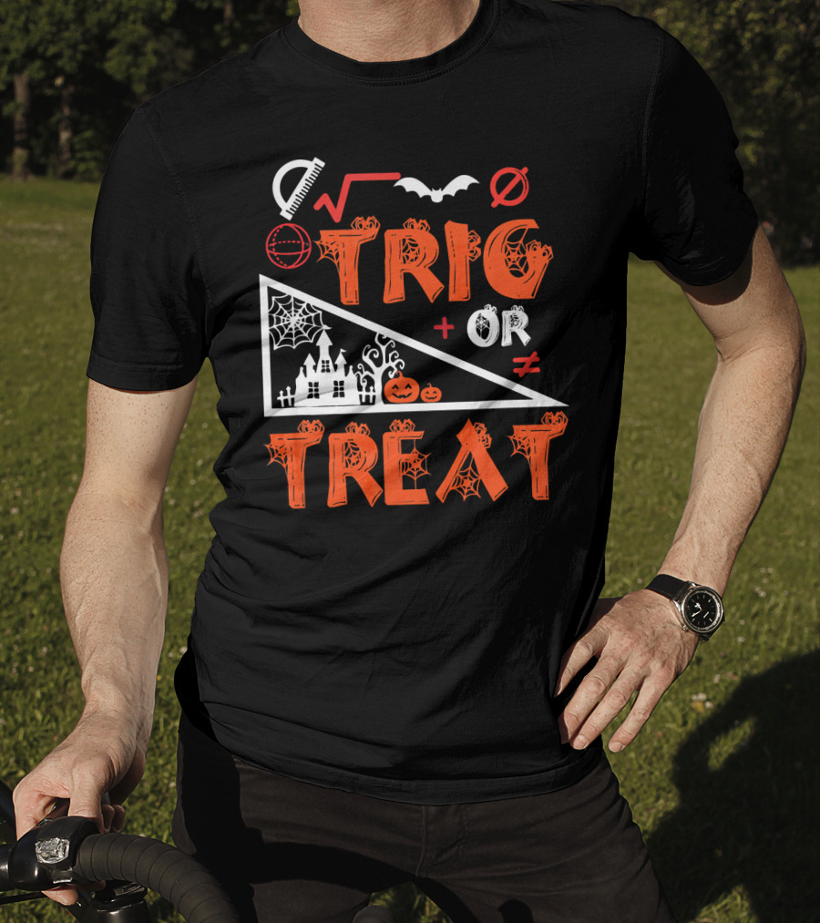 Trig Or Treat Math Halloween Costume Concept With Spooky Castle, Spider Webs, And Math Symbols T-Shirt