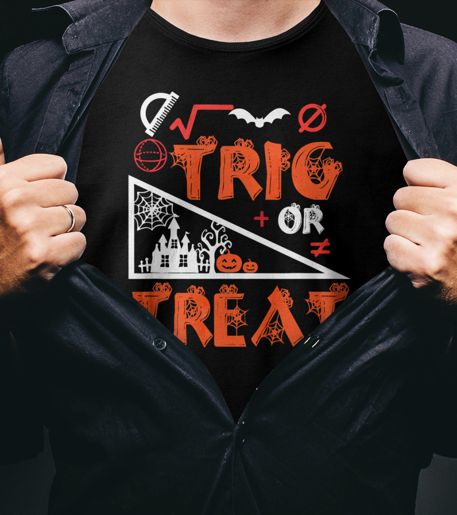 Trig Or Treat Math Halloween Costume Concept With Spooky Castle, Spider Webs, And Math Symbols T-Shirt