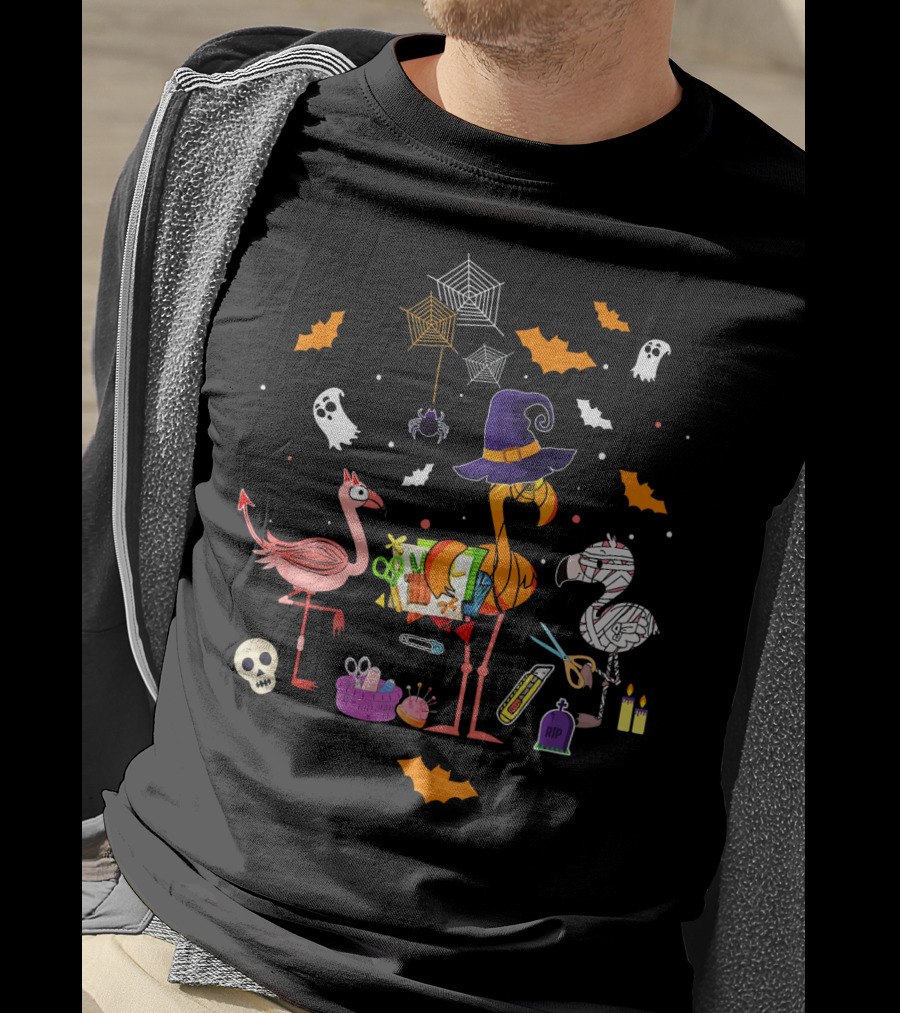 Halloween Scrapbooking Love With Witch Flamingo And Mummy Flamingo Ghosts Bats And Spiders T-Shirt