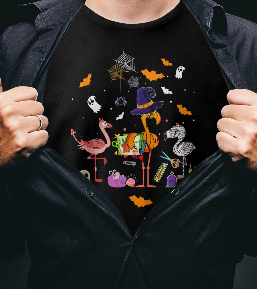 Halloween Scrapbooking Love With Witch Flamingo And Mummy Flamingo Ghosts Bats And Spiders T-Shirt