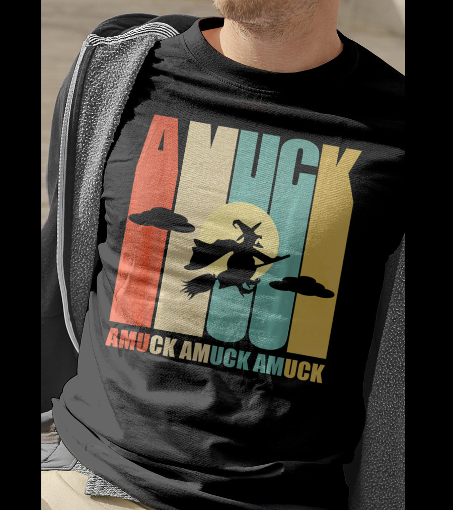 Amuck Amuck Amuck Vintage Witch On Broom Silhouette With Sunset Background T-Shirt