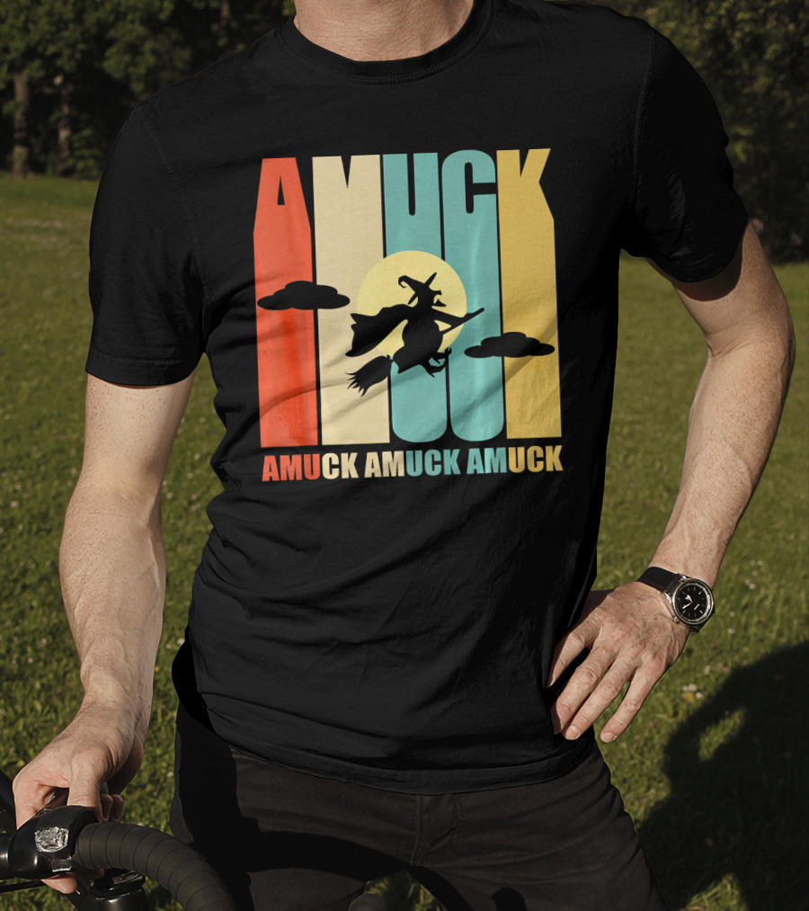 Amuck Amuck Amuck Vintage Witch On Broom Silhouette With Sunset Background T-Shirt