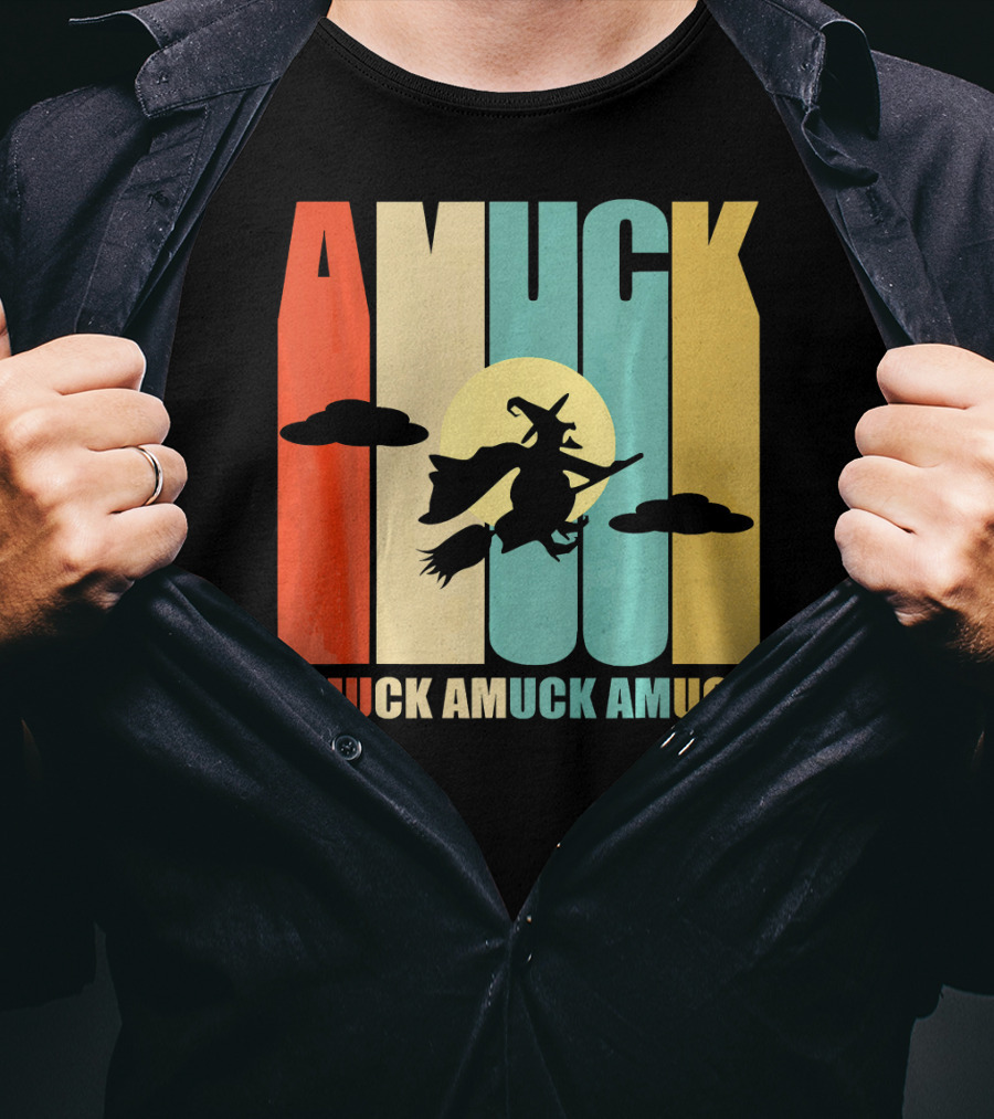Amuck Amuck Amuck Vintage Witch On Broom Silhouette With Sunset Background T-Shirt