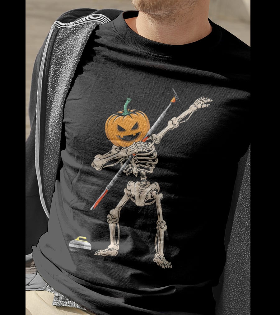 Pumpkin Skeleton Dabbing Curling Halloween T-Shirt