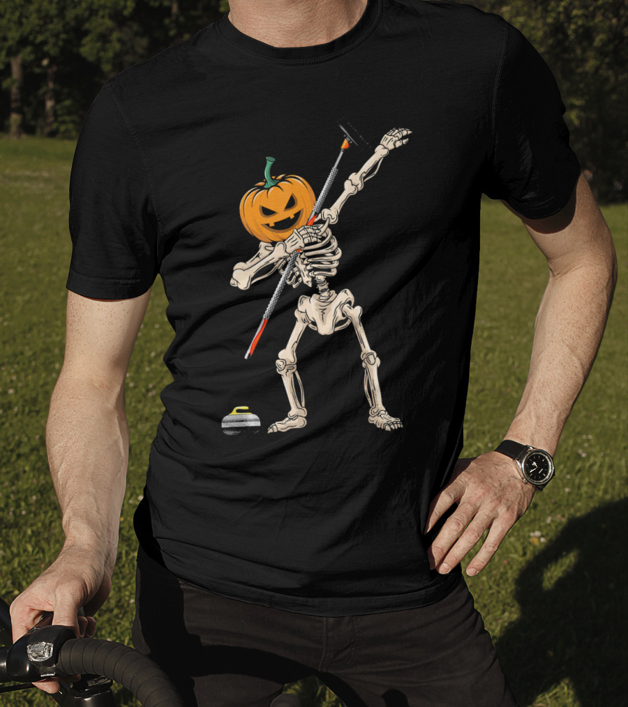 Pumpkin Skeleton Dabbing Curling Halloween T-Shirt