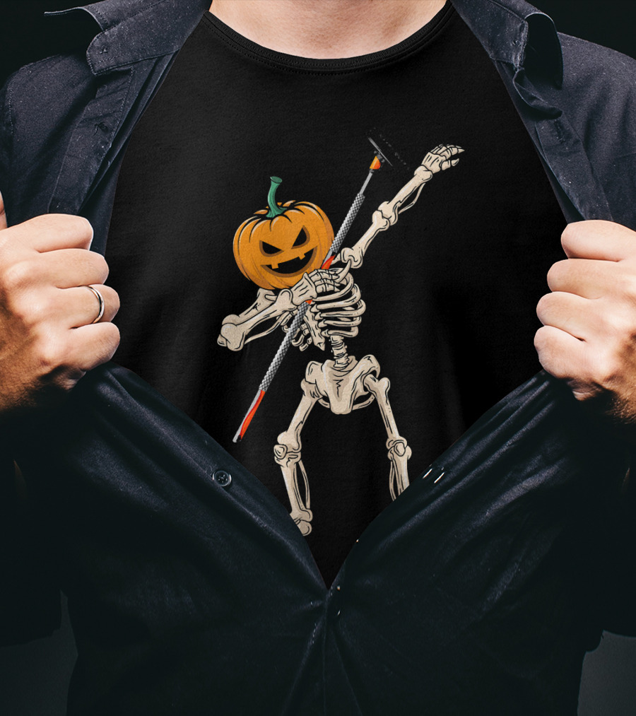 Pumpkin Skeleton Dabbing Curling Halloween T-Shirt