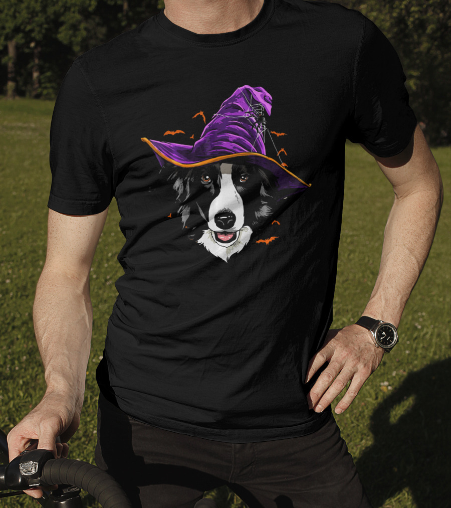 Border Collie Halloween Witch Hat With Flying Bats T-Shirt