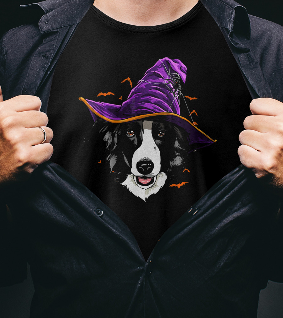 Border Collie Halloween Witch Hat With Flying Bats T-Shirt