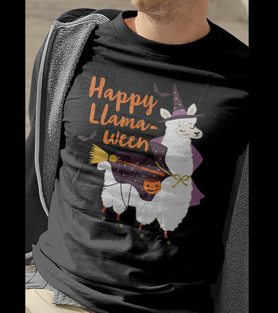 Happy Llamaween Witchy Halloween Llama With Hat And Broom T-Shirt