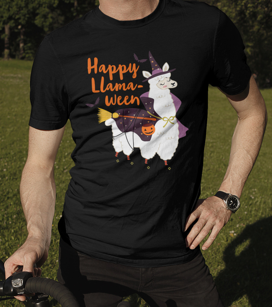 Happy Llamaween Witchy Halloween Llama With Hat And Broom T-Shirt