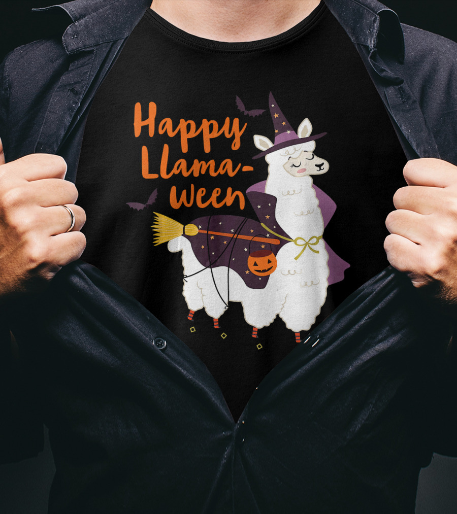 Happy Llamaween Witchy Halloween Llama With Hat And Broom T-Shirt