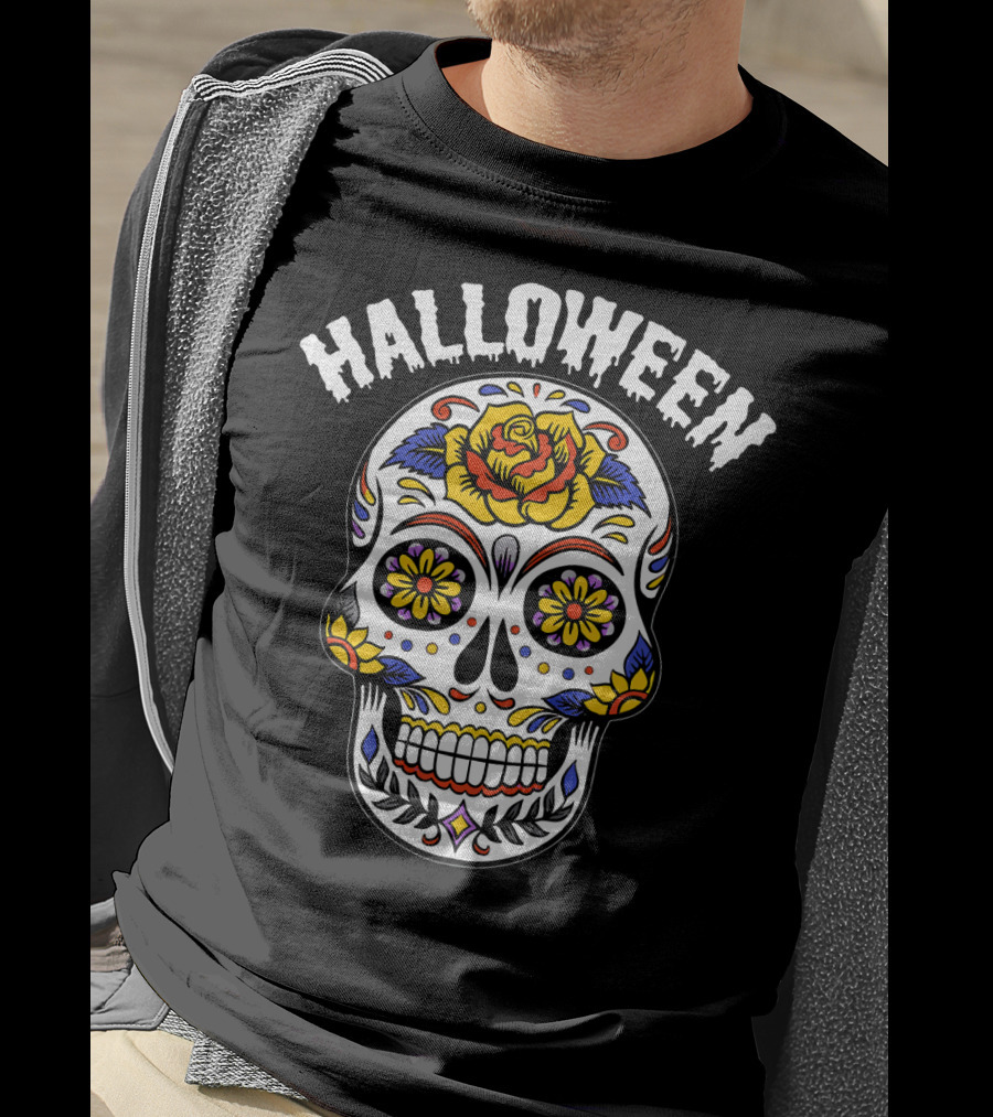 Halloween Calaveras Skull With Floral T-Shirt