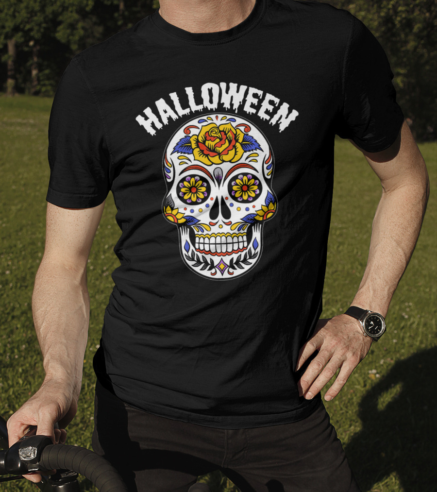 Halloween Calaveras Skull With Floral T-Shirt