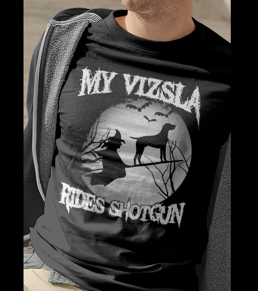 My Vizsla Rides Shotgun Halloween Witch Moon Bats T-Shirt