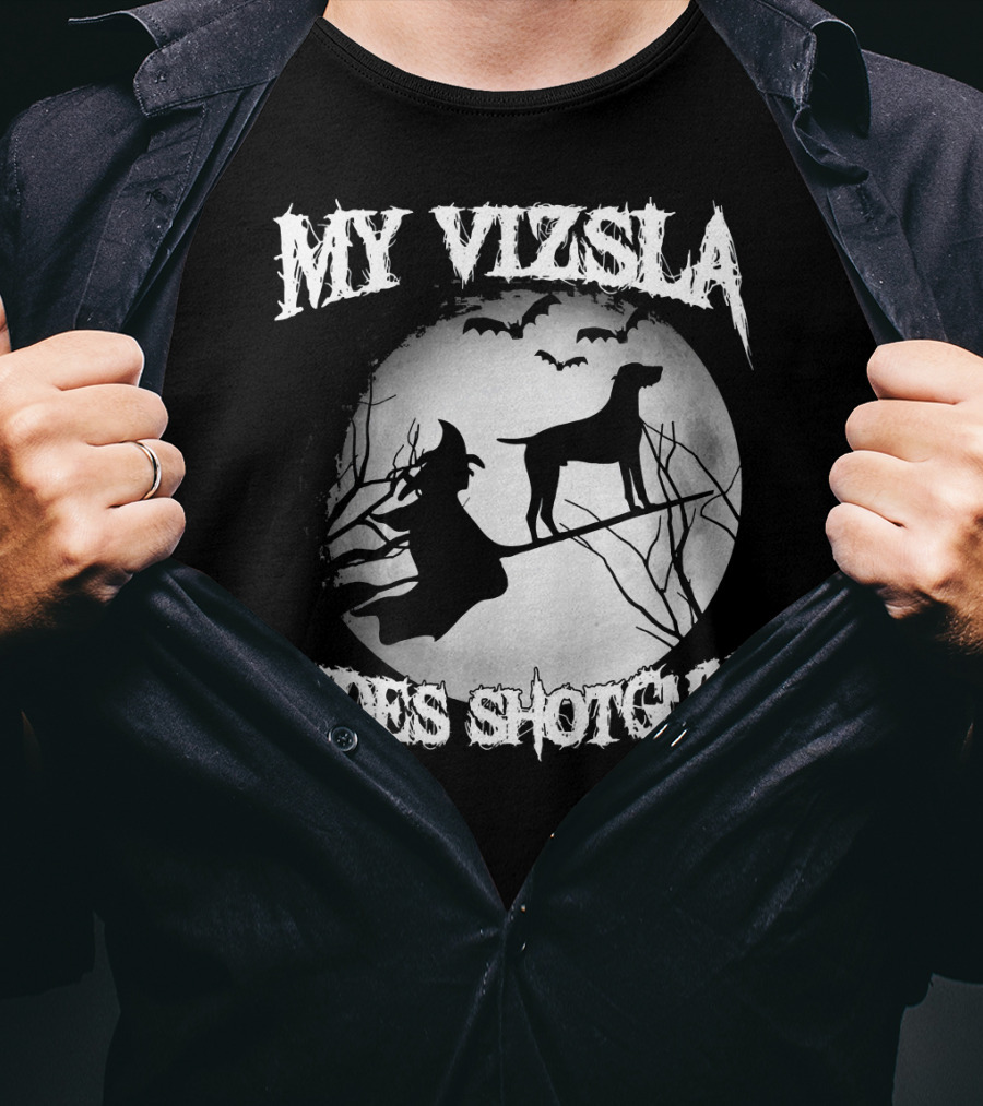 My Vizsla Rides Shotgun Halloween Witch Moon Bats T-Shirt