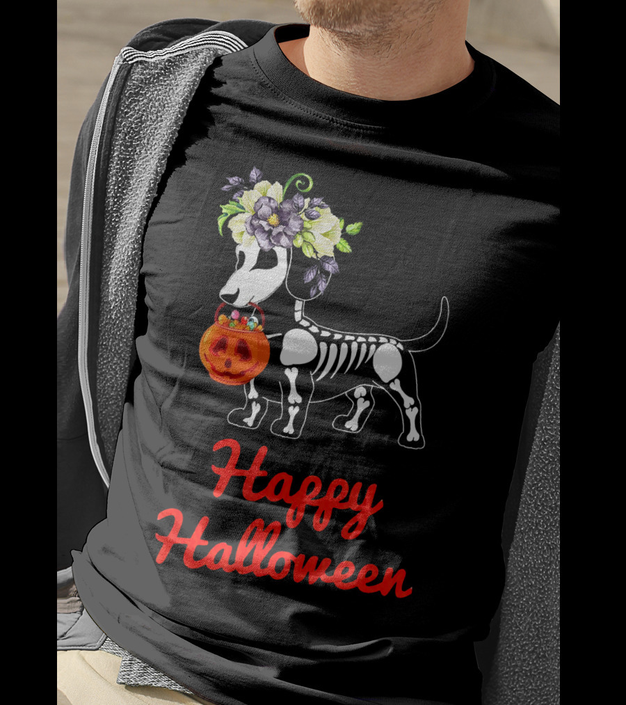 Happy Halloween Skeleton Dachshund With Pumpkin And Floral Crown T-Shirt