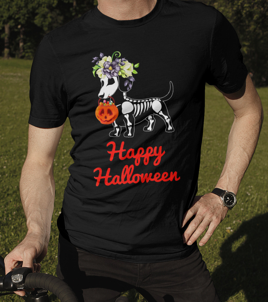 Happy Halloween Skeleton Dachshund With Pumpkin And Floral Crown T-Shirt