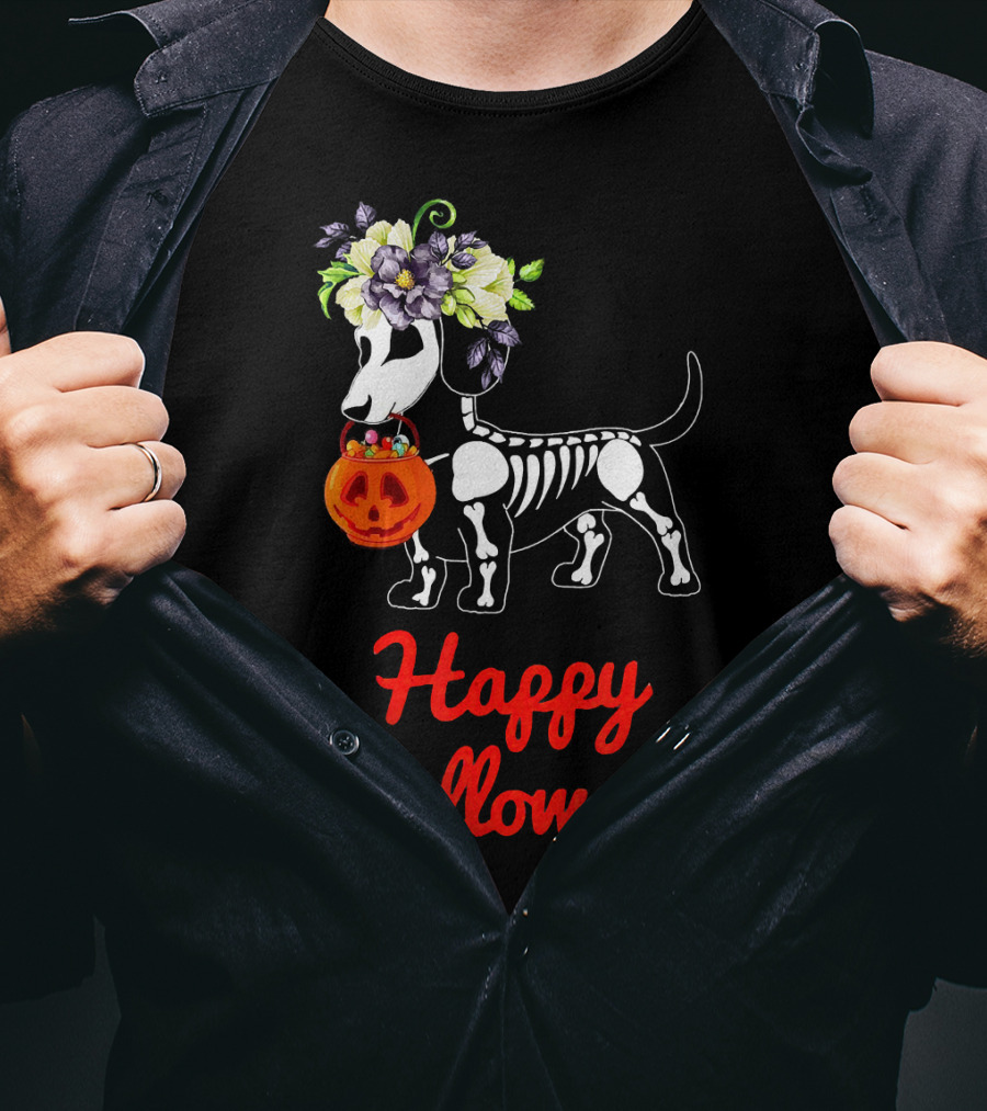 Happy Halloween Skeleton Dachshund With Pumpkin And Floral Crown T-Shirt