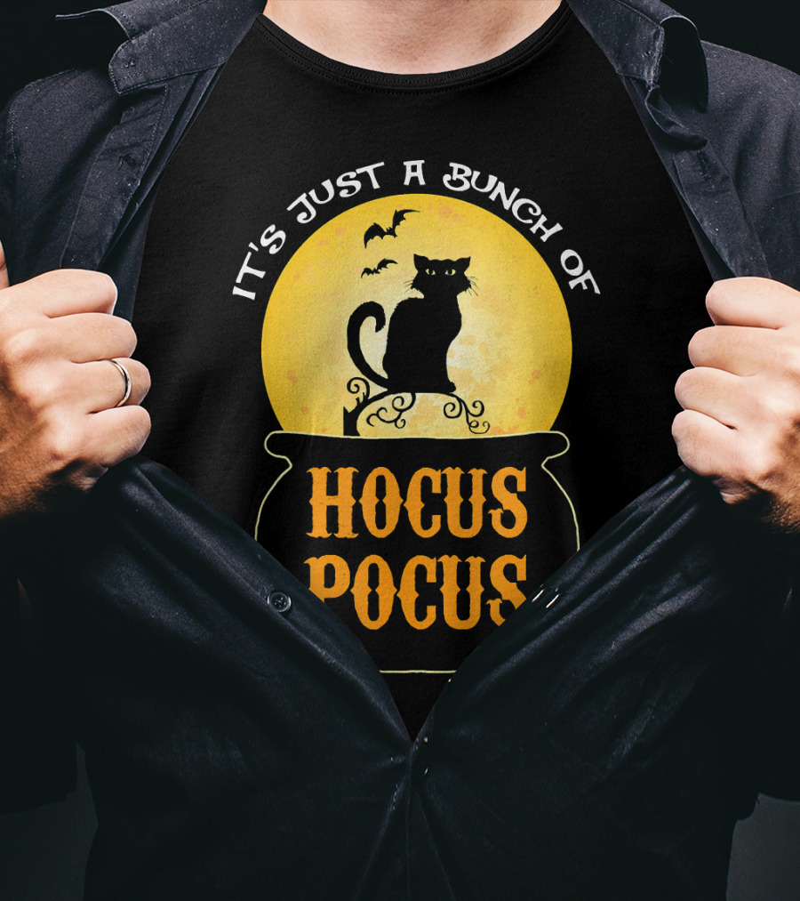 It's Just A Bunch Of Hocus Pocus Halloween Black Cat Cauldron Moon Bats T-Shirt