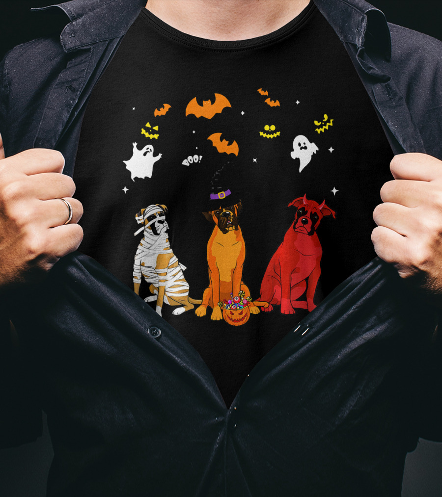 Halloween Boxer Dogs Mummy Witch Ghosts Bats T-Shirt