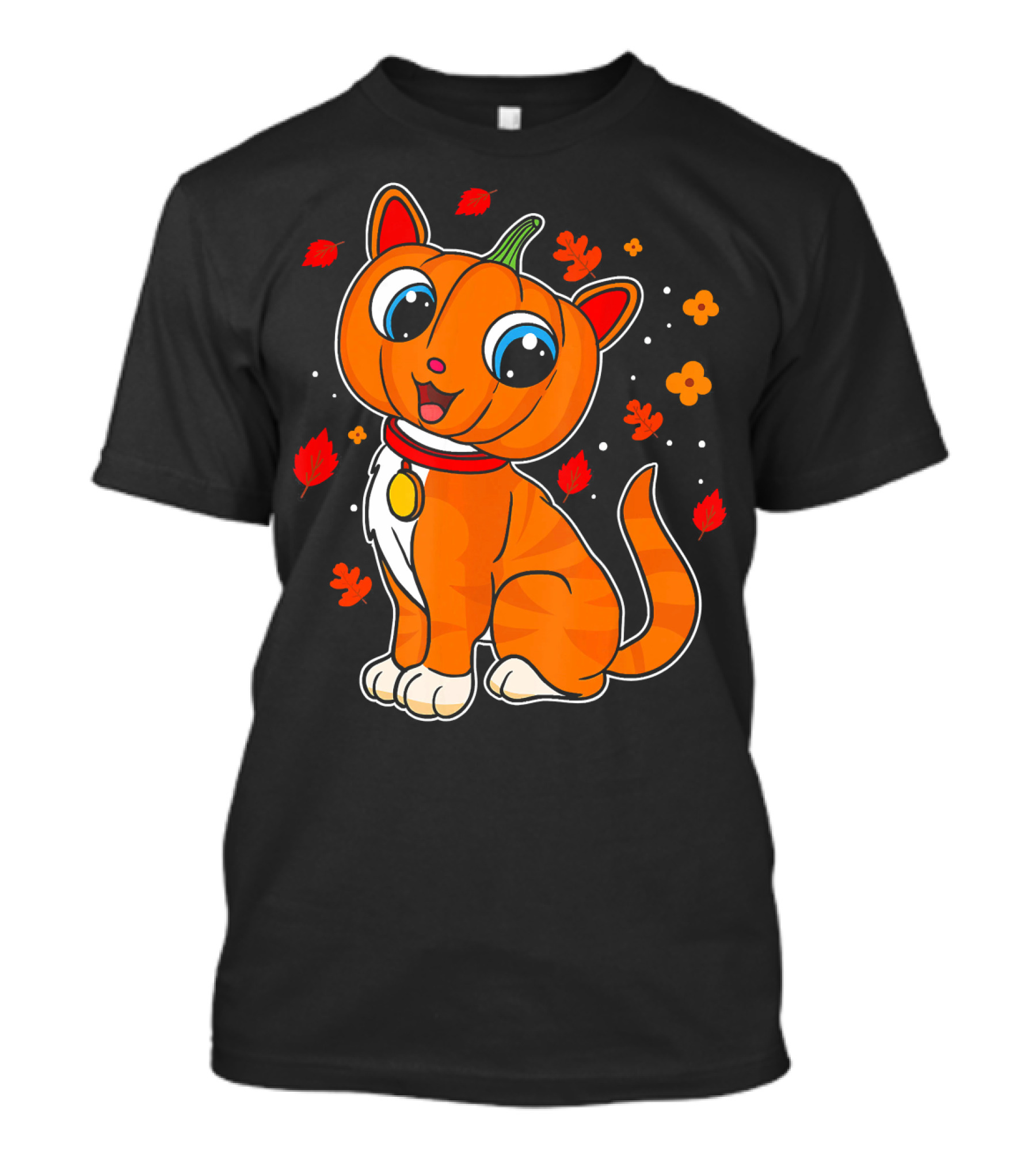 Halloween Pumpkin Cat With Autumn Leaves And Flowers T-Shirt
