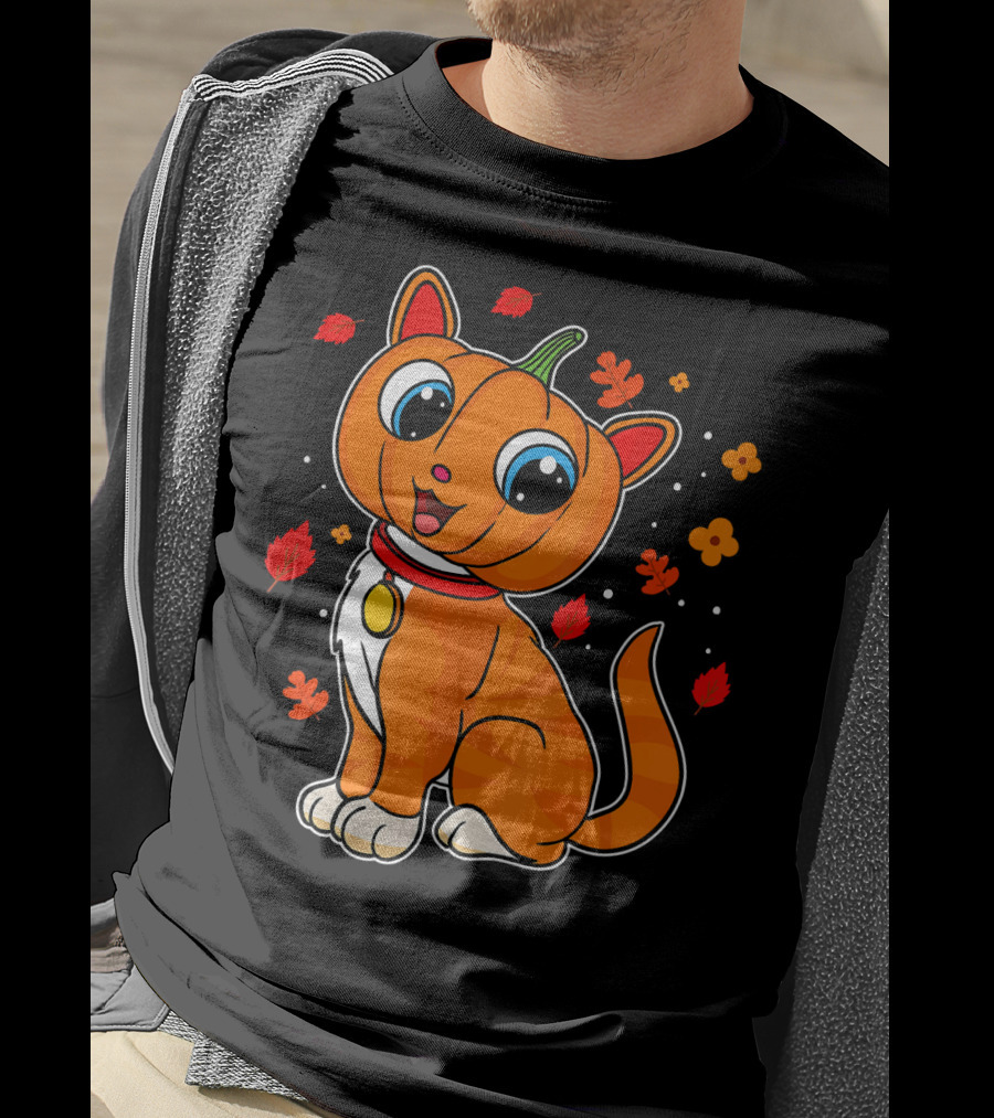 Halloween Pumpkin Cat With Autumn Leaves And Flowers T-Shirt