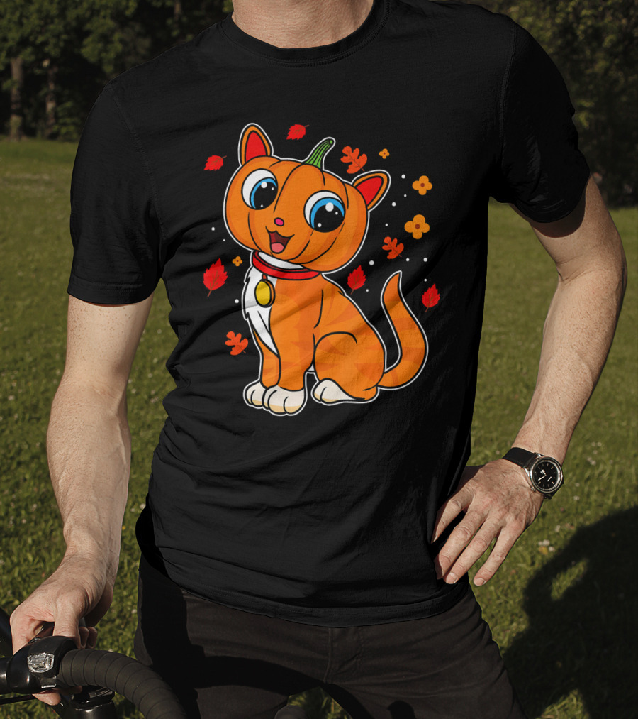 Halloween Pumpkin Cat With Autumn Leaves And Flowers T-Shirt
