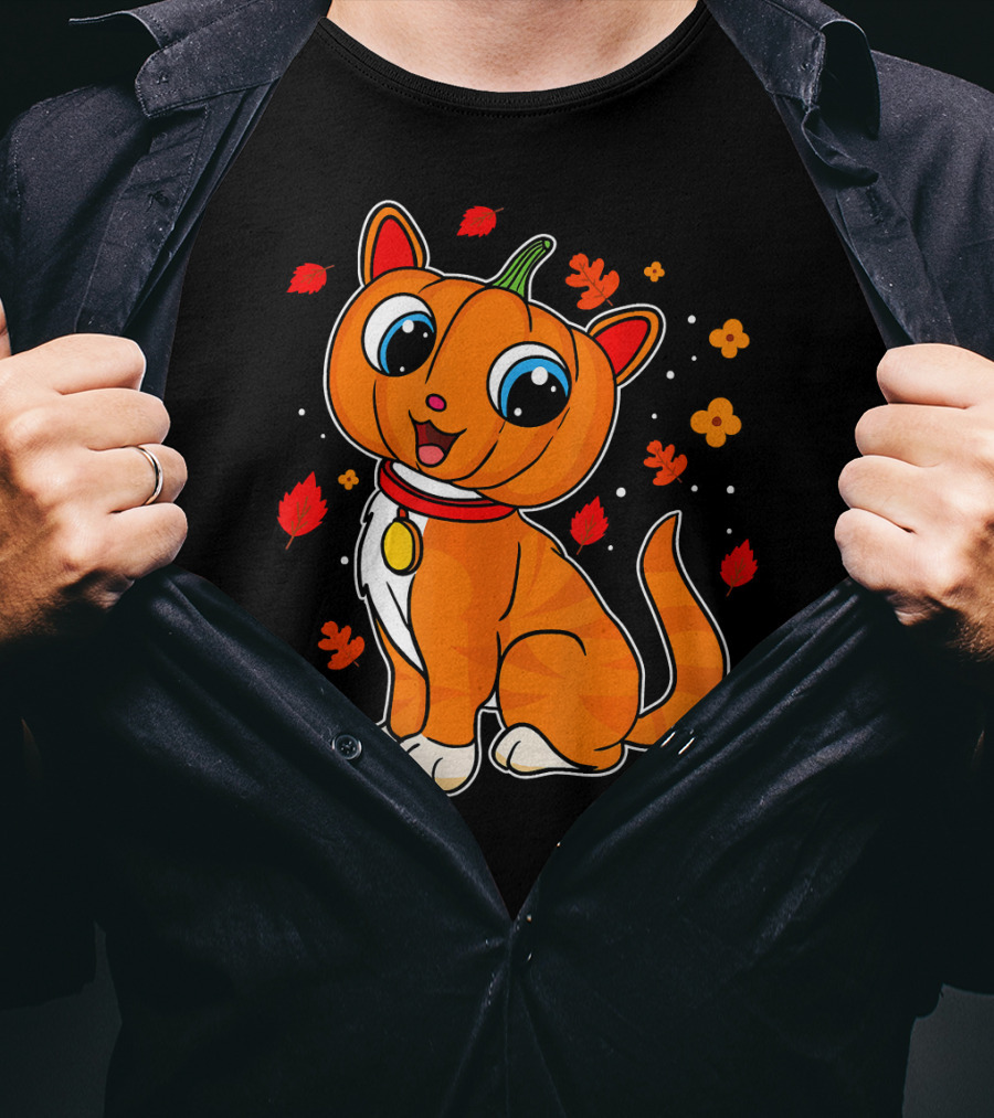 Halloween Pumpkin Cat With Autumn Leaves And Flowers T-Shirt