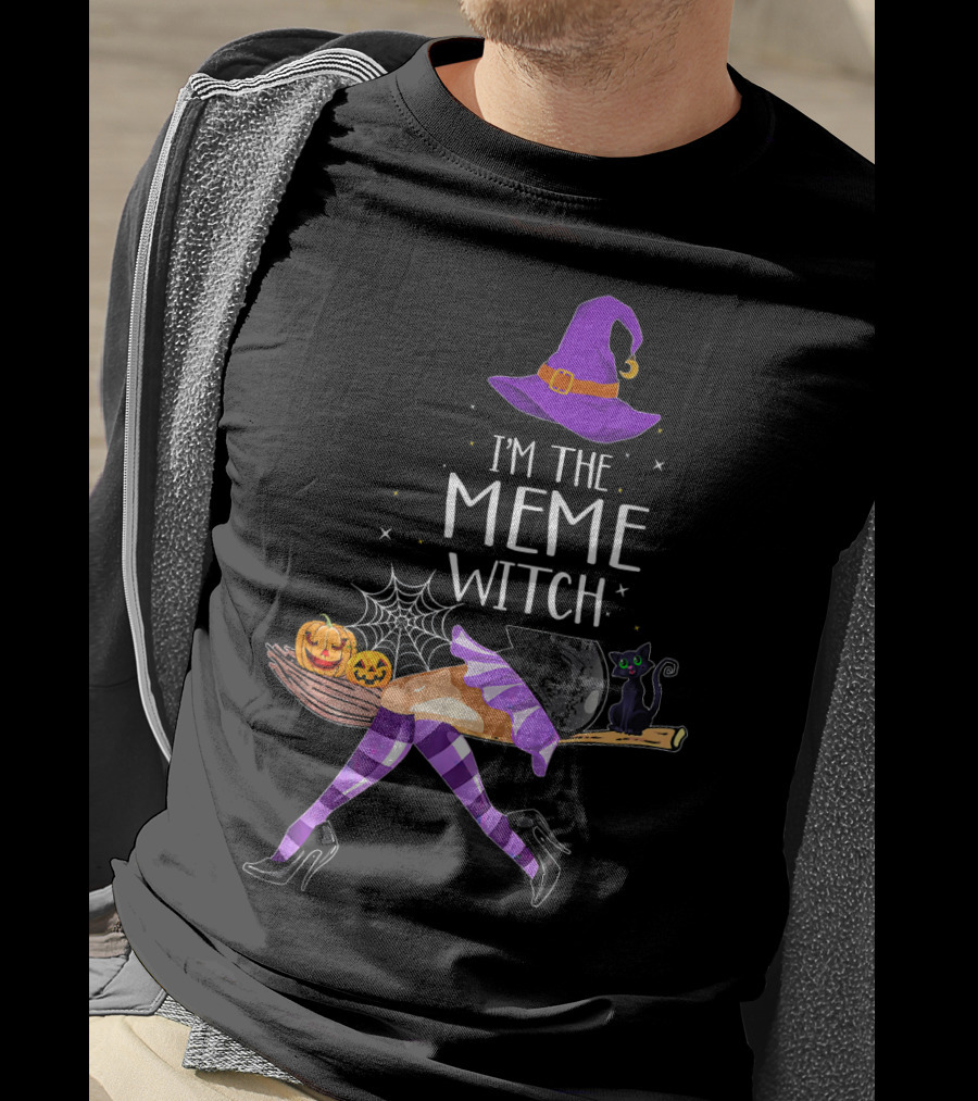I'm The Meme Witch Halloween Cat Pumpkin Broomstick Hat T-Shirt