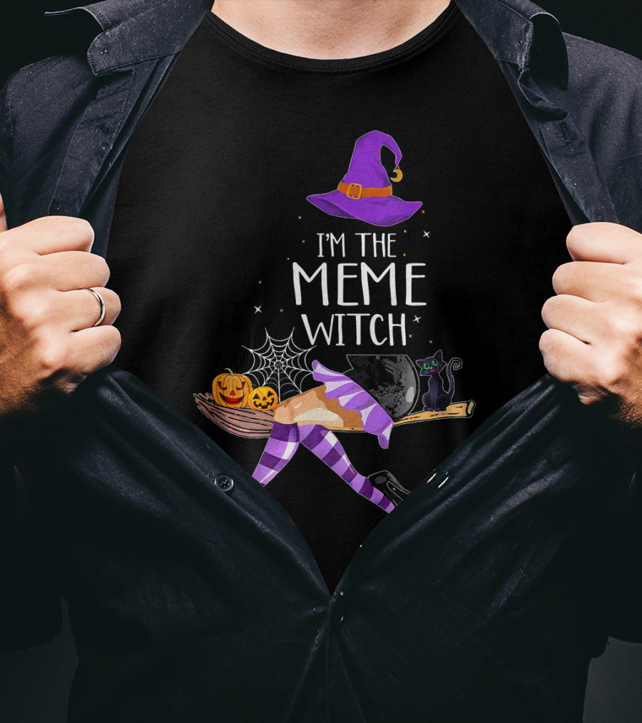 I'm The Meme Witch Halloween Cat Pumpkin Broomstick Hat T-Shirt