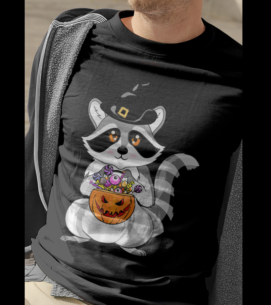 Halloween Raccoon Witch Hat Pumpkin Candy T-Shirt
