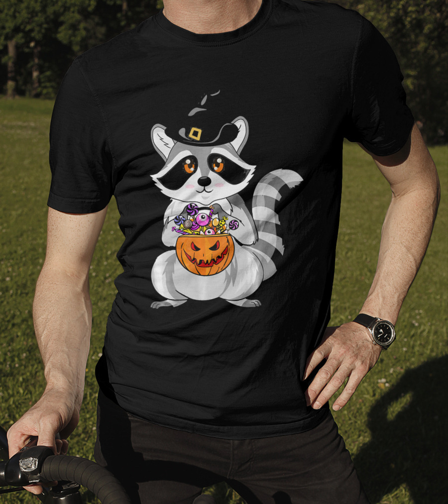 Halloween Raccoon Witch Hat Pumpkin Candy T-Shirt