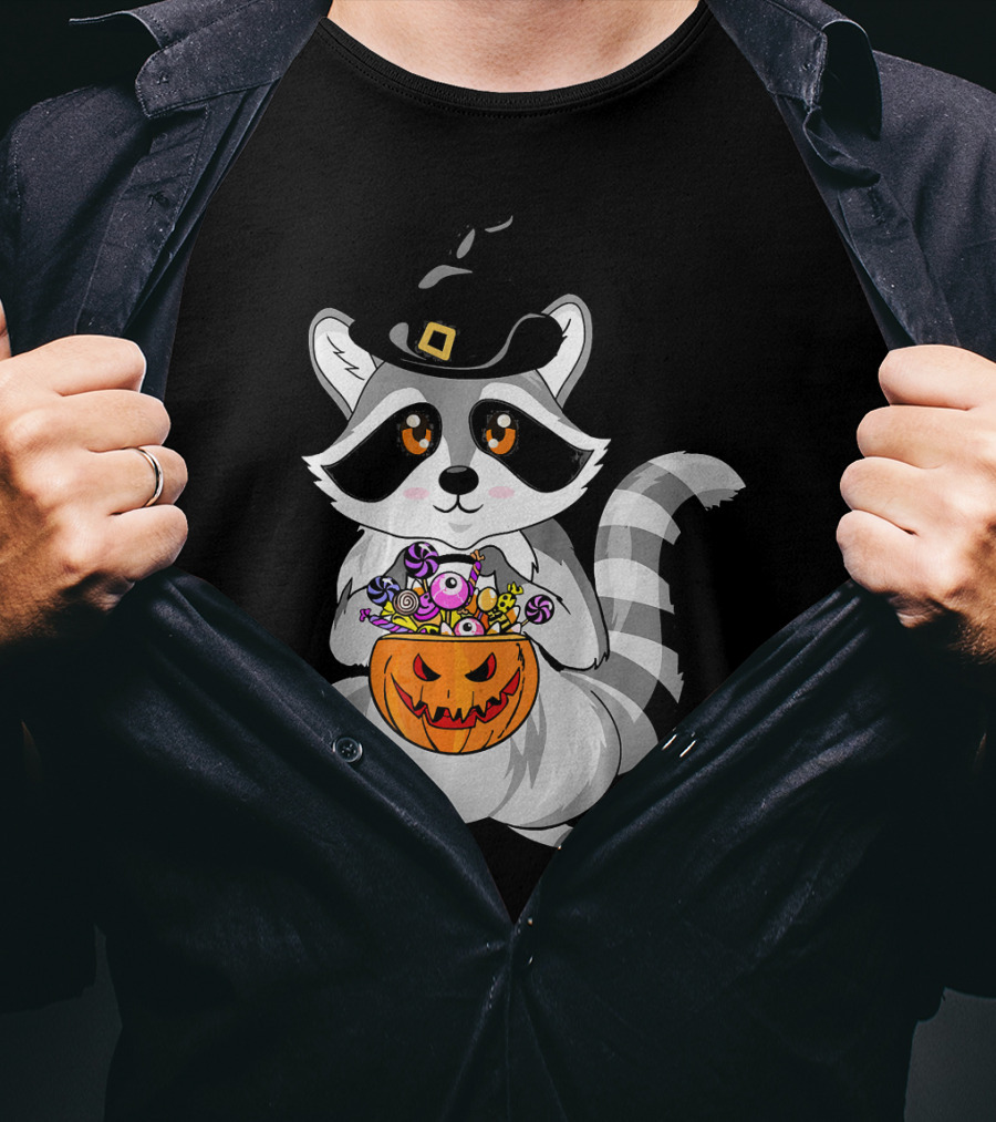 Halloween Raccoon Witch Hat Pumpkin Candy T-Shirt