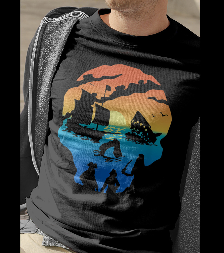Mens Skeleton Skull Pirate Ship Sunset T-Shirt