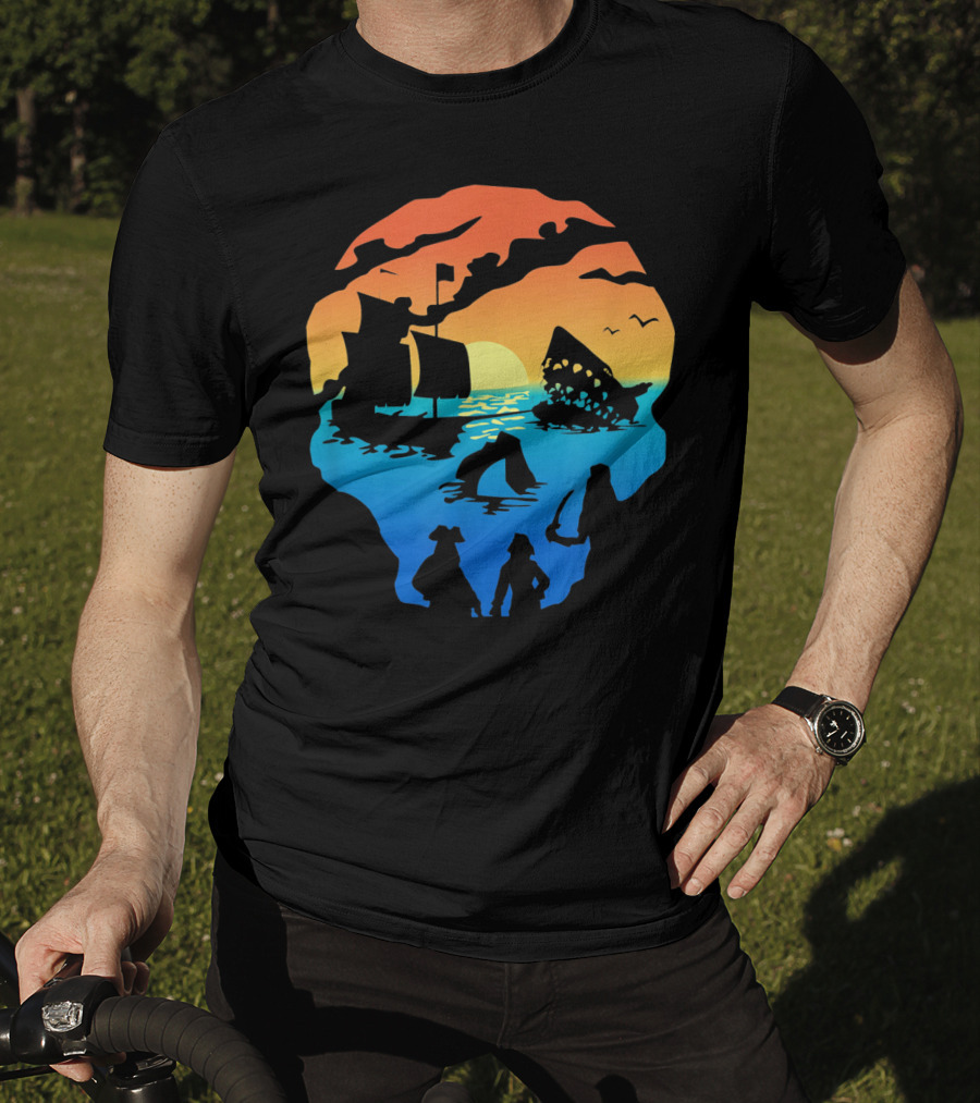 Mens Skeleton Skull Pirate Ship Sunset T-Shirt