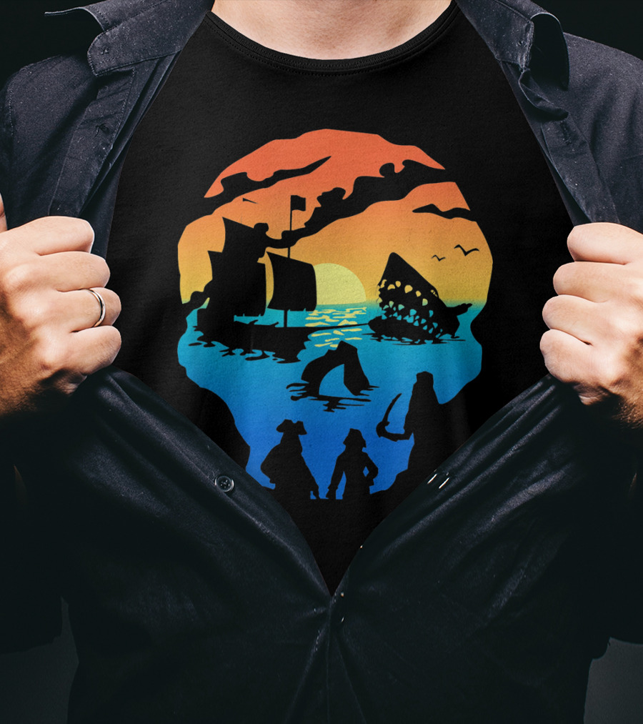 Mens Skeleton Skull Pirate Ship Sunset T-Shirt