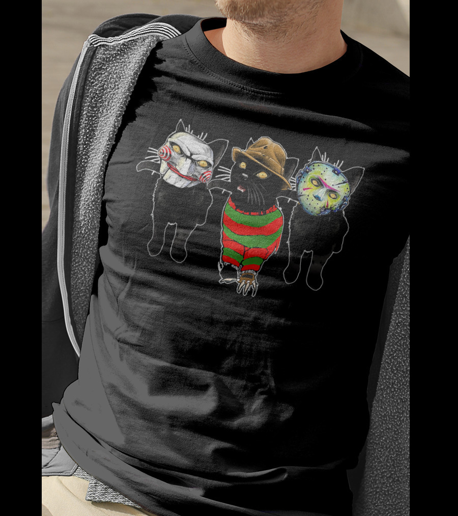 Funny Horror Movie Cats With Iconic Characters Masked Faces T-Shirt