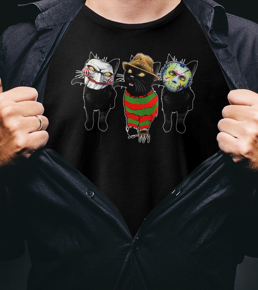 Funny Horror Movie Cats With Iconic Characters Masked Faces T-Shirt