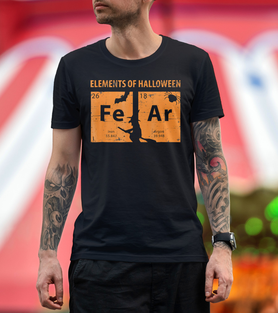 Elements Of Halloween Periodic Table Fe Ar 26 18 Iron Argon Witch Bat Spider T-Shirt