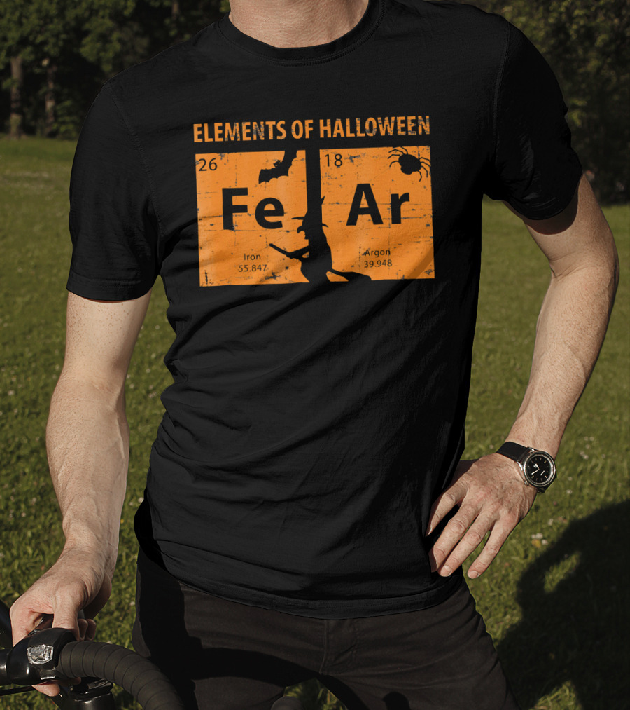 Elements Of Halloween Periodic Table Fe Ar 26 18 Iron Argon Witch Bat Spider T-Shirt