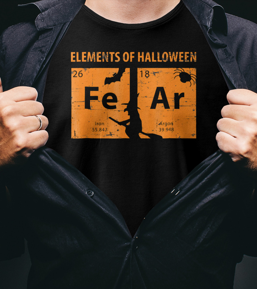 Elements Of Halloween Periodic Table Fe Ar 26 18 Iron Argon Witch Bat Spider T-Shirt