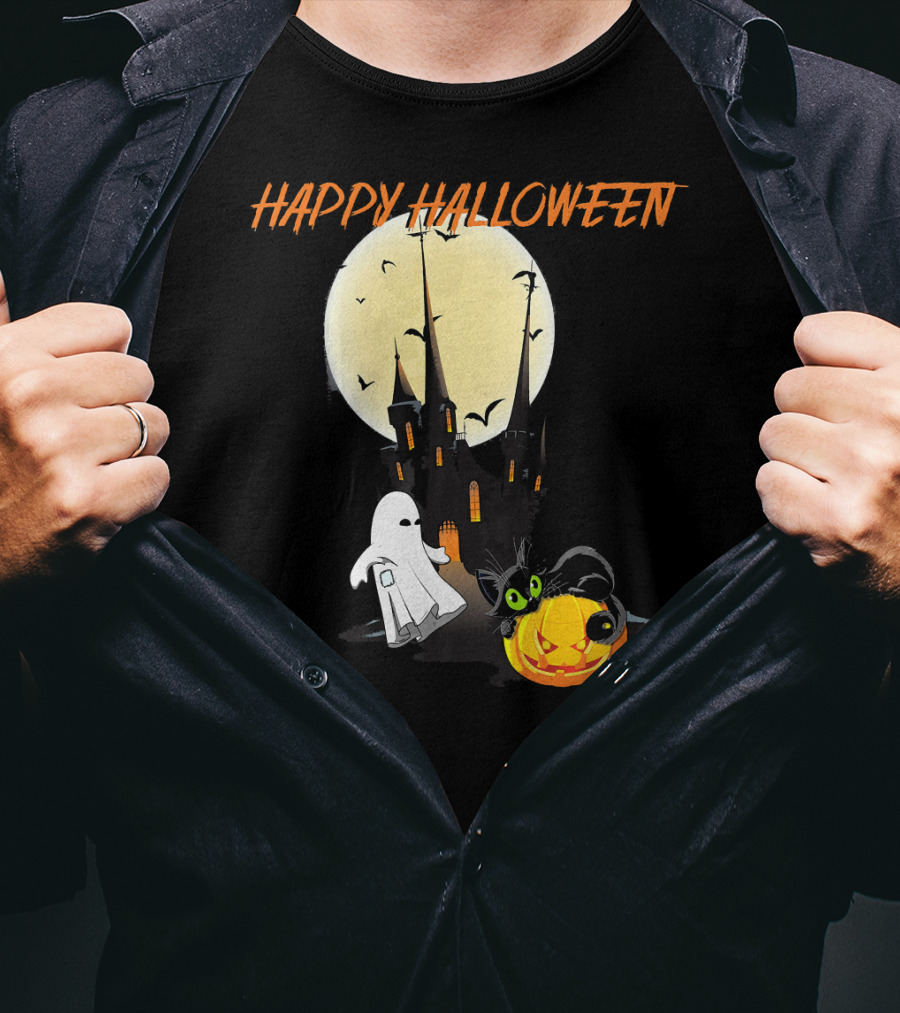 Happy Halloween Ghost Scary Cat Moon Pumpkin T-Shirt